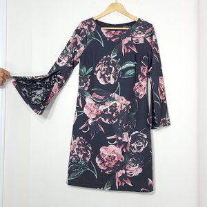 JAX Black Label Black Pink Floral Bell Sleeve Round Neck Back Zipper Dress Sz 6